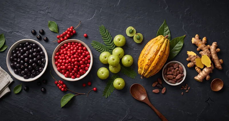Flat lay of exotic superfoods including maqui berries, schisandra, amla, and cacao on dark slate