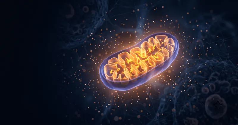 Glowing 3D rendered mitochondrion on dark blue background