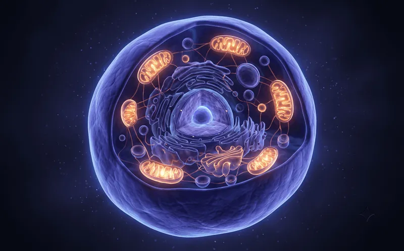 3D rendered human cell with glowing mitochondria inside, blue and purple tones