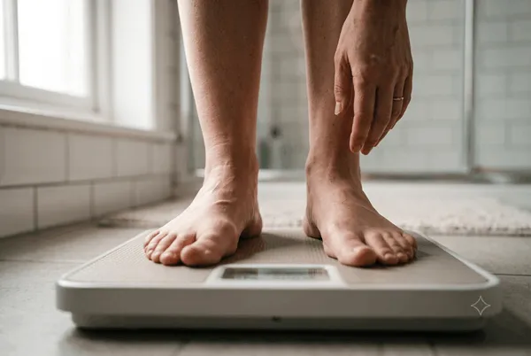 Woman stepping on bathroom scale in soft morning light