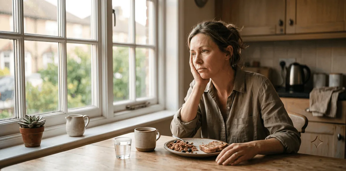 Frustrated woman sitting at kitchen table with healthy breakfast, looking out window