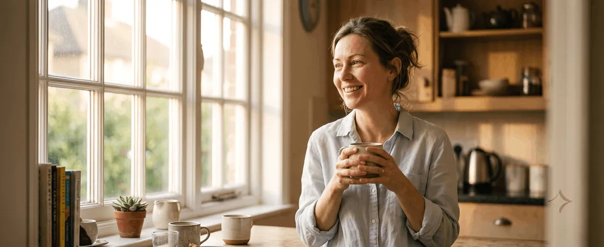 Happy confident woman holding coffee mug smiling in bright kitchen