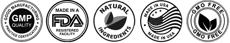 GMP Certified, FDA Registered, Natural Ingredients, Made in USA, GMO Free